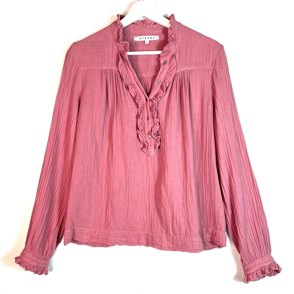 XiRENA Ruffle Pink Gauze Long Sleeve Shirt Size XS